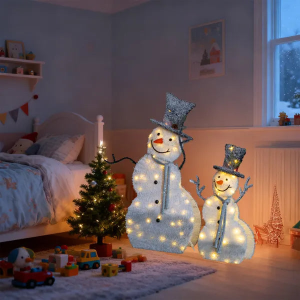 Set Of 2 Lighted Snowman With Top Hat Christmas Decorations, Pre-lit 2D Holiday Decor With 80 Warm White LED Lights For Xmas Outdoor Indoor Decor Lighted Holiday Displays