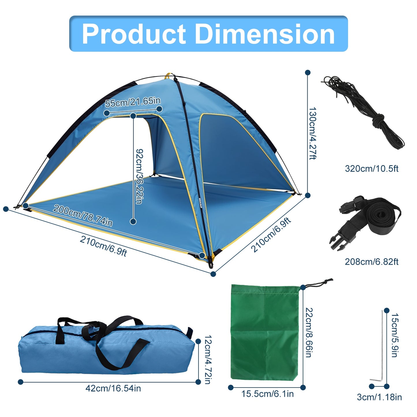 1Pc 4-6 Person Beach Tent Canopy  With 3 Door Openings Carry Bag UPF50 Waterproof  For Beach Picnic Camping Hiking Adventure Fishing