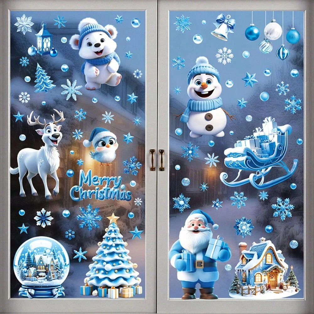 9 Sheets Christmas Window Stickers Blue Gnome Double-Sided Printed Xmas Self-Adhesive Window Sticker PVC Snowflakes Window Sticker For Christmas Home Window Indoor Garden Decoration