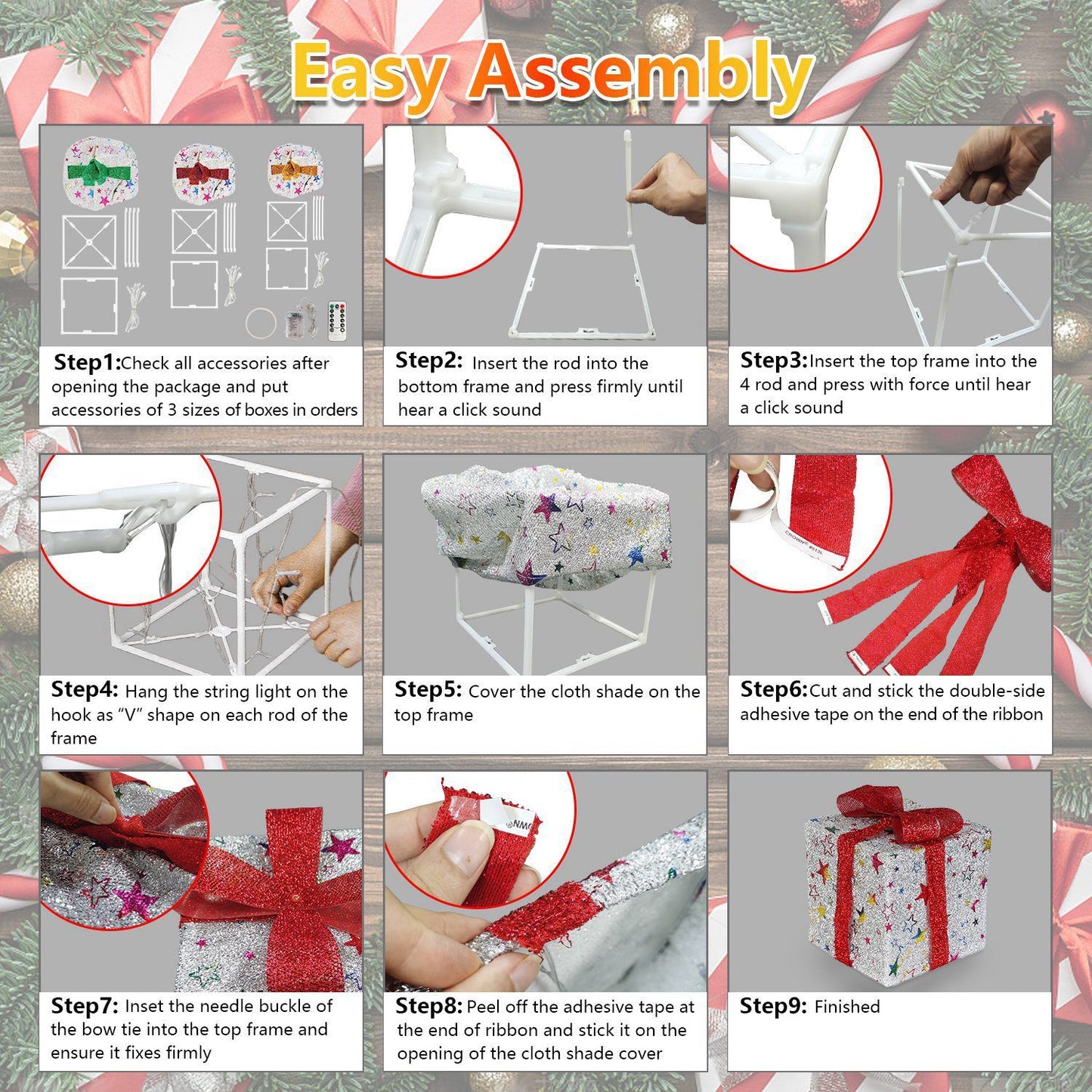 Star-Deer Pattern Options -- Set Of 3 Christmas Lighted Gift Boxes Xmas Present Ornament 50 LED Christmas Box Decorations With Ribbon Bows IP44 Waterproof Battery Powered For Indoor Outdoor Decor