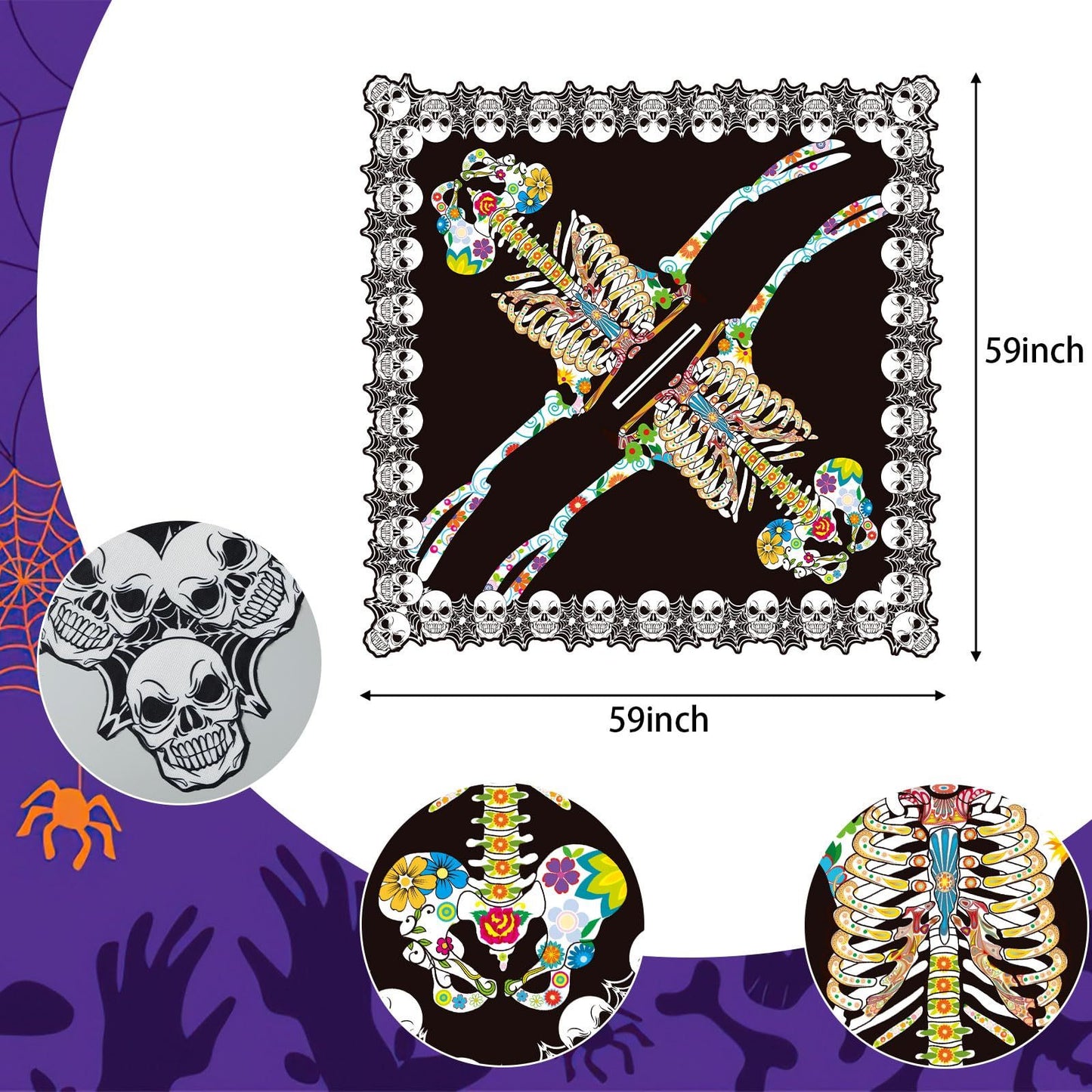 Halloween Skeleton Poncho, Lace Skeleton Halloween Costume Poncho Day Of The Dead Colorful Poncho For Women, 59 Inchx59 Inch