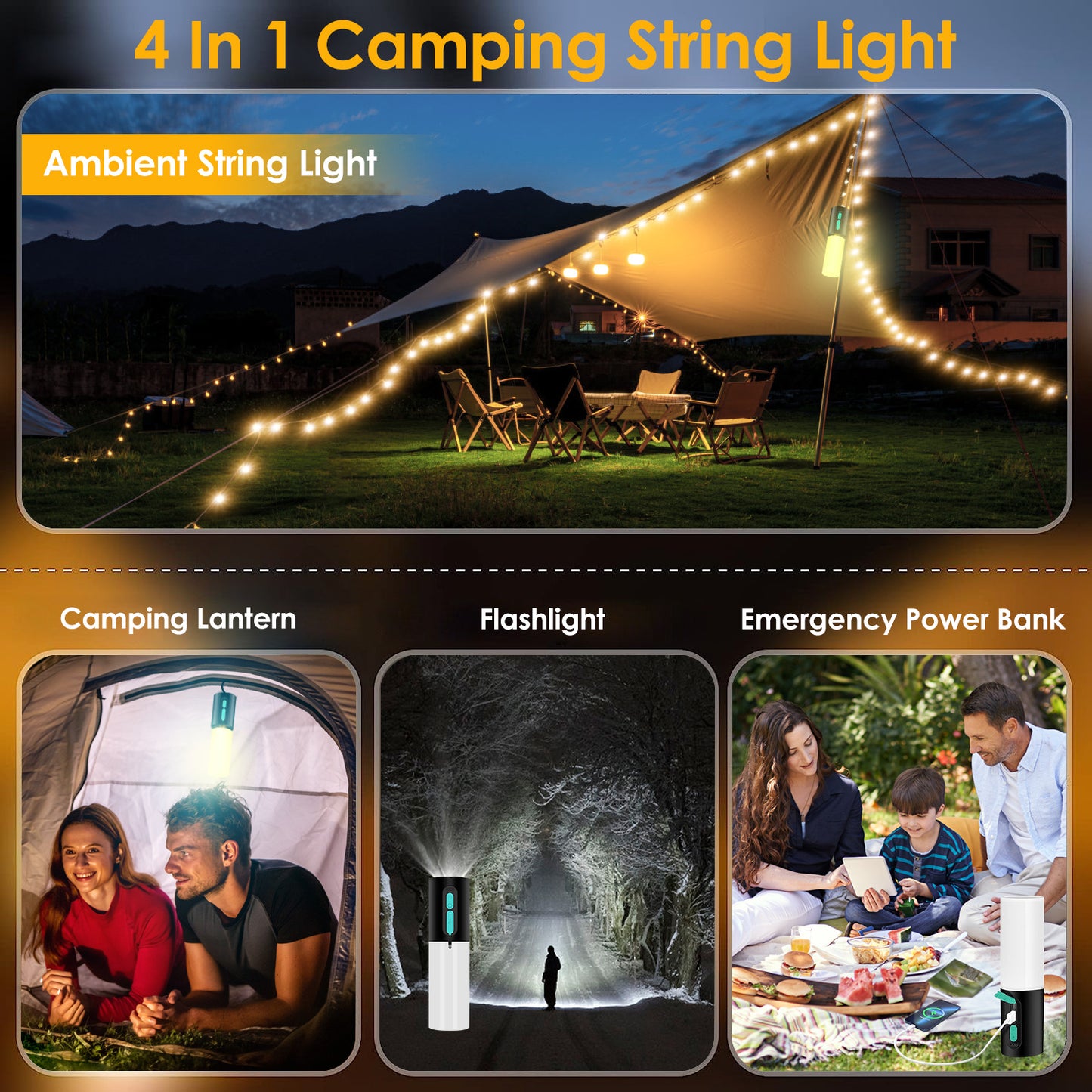 1Pc 4 In 1 Rechargeable Camping String Light IP44 Waterproof Camping Lantern With 33Ft String Light 7 Light Modes Emergency Power Bank Carry Bag For Indoor Outdoor Wedding Party