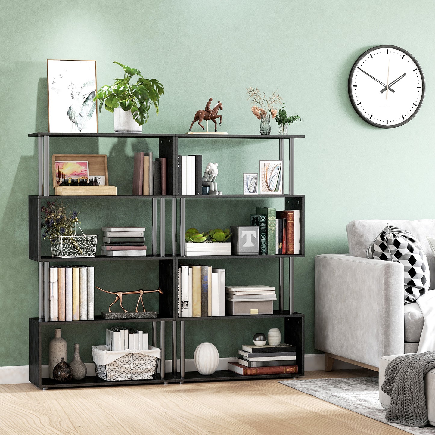 5-Tier Bookcase S-Shaped Wooden Storage Shelf Modern Decorative For Home And Office Black