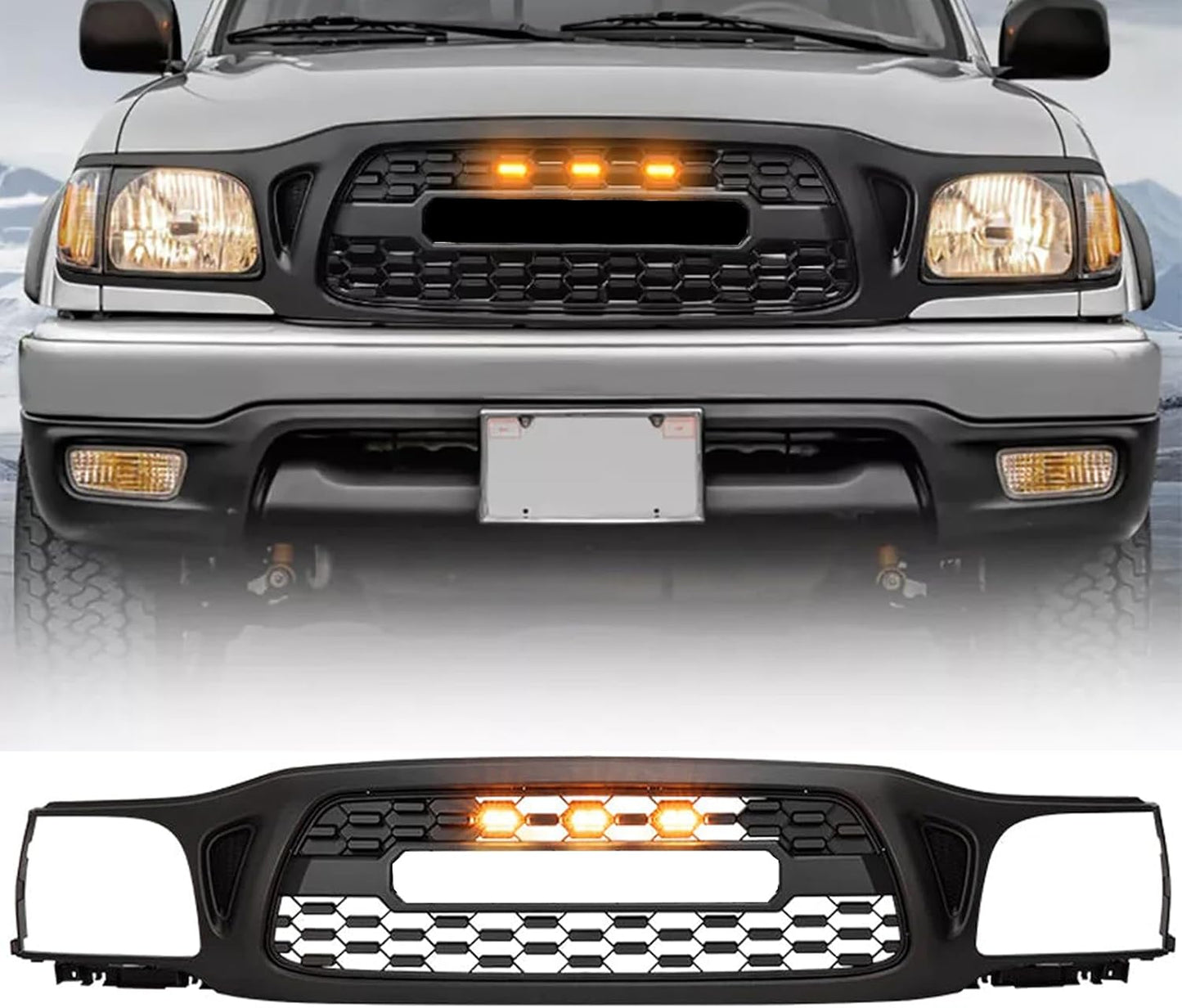 Front Grille Fits For Tacoma 2001 2002 2003 2004 With Amber LED Accent Lights Matte Black