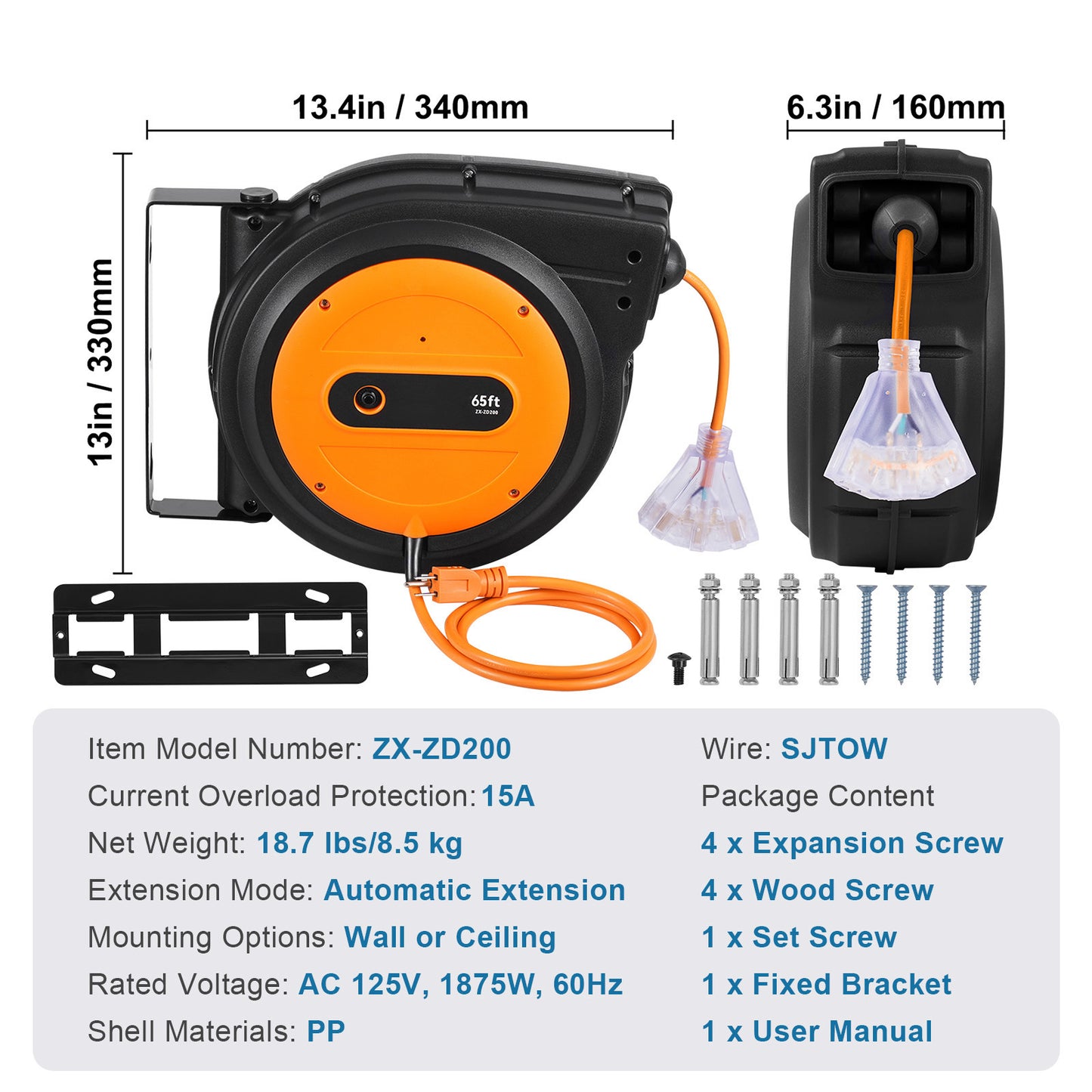 VEVOR Retractable Extension Cord Reel Power Cord Reel 65FT 12AWG 3C SJTOW