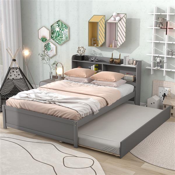 Double Bed With Roller Bed, Bookcase, Grey