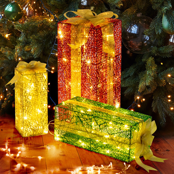 3pcs 18in-15in-11in Green Gold Christmas Lighting Gift Box