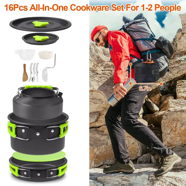 16Pcs Camping Cooking Ware Set Camping Stove Cookware Kit Aluminum Pot Pan Kettle Set With Bowls Knife Fork Spoon Carabiner Spatula Cutting Board For Hiking Picnic Outdoor