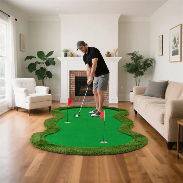 10x5ft Golf Putting Mat (Green) - 3 Real-Sized Holes+Flags, High-Density PP+PE Turf, Indoor/Outdoor Use