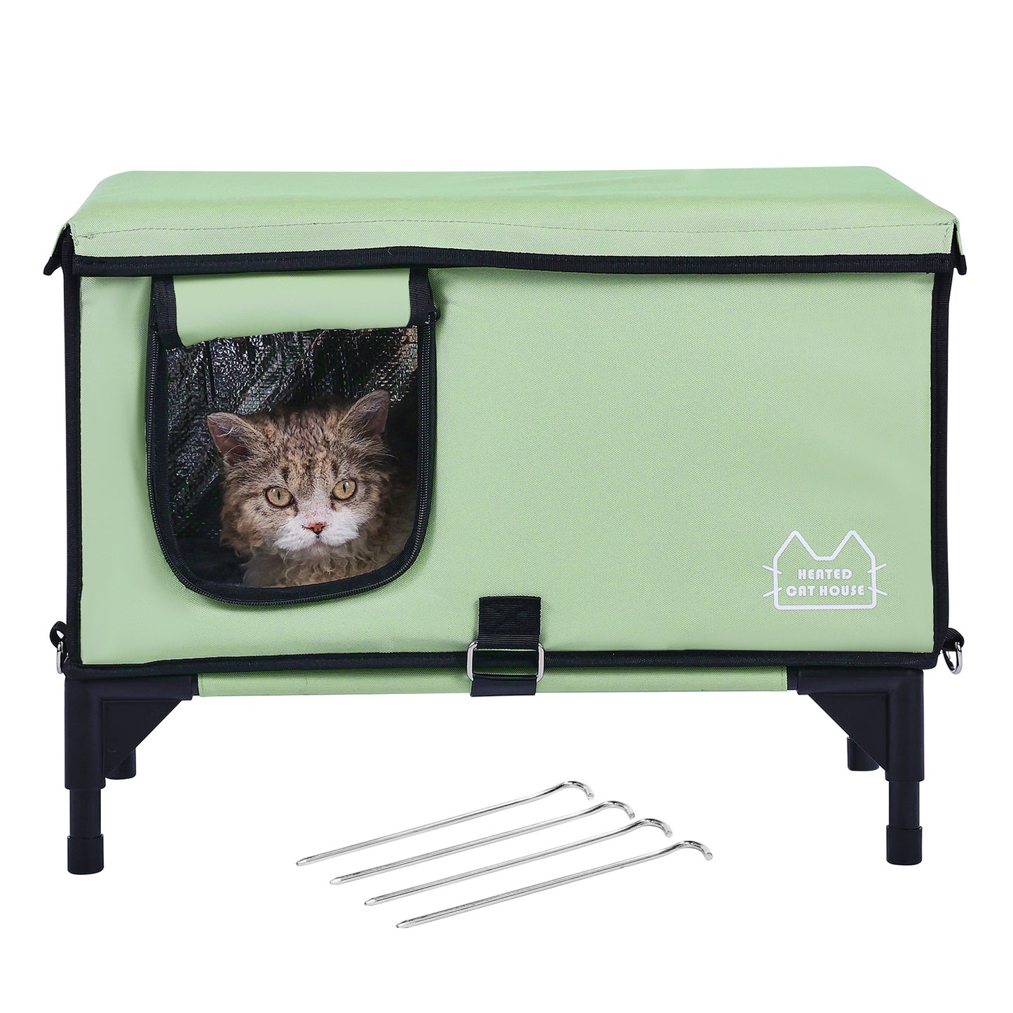 Elevated Heated Cat House Cuboid Kitty Shelter With Heated Pad Green M