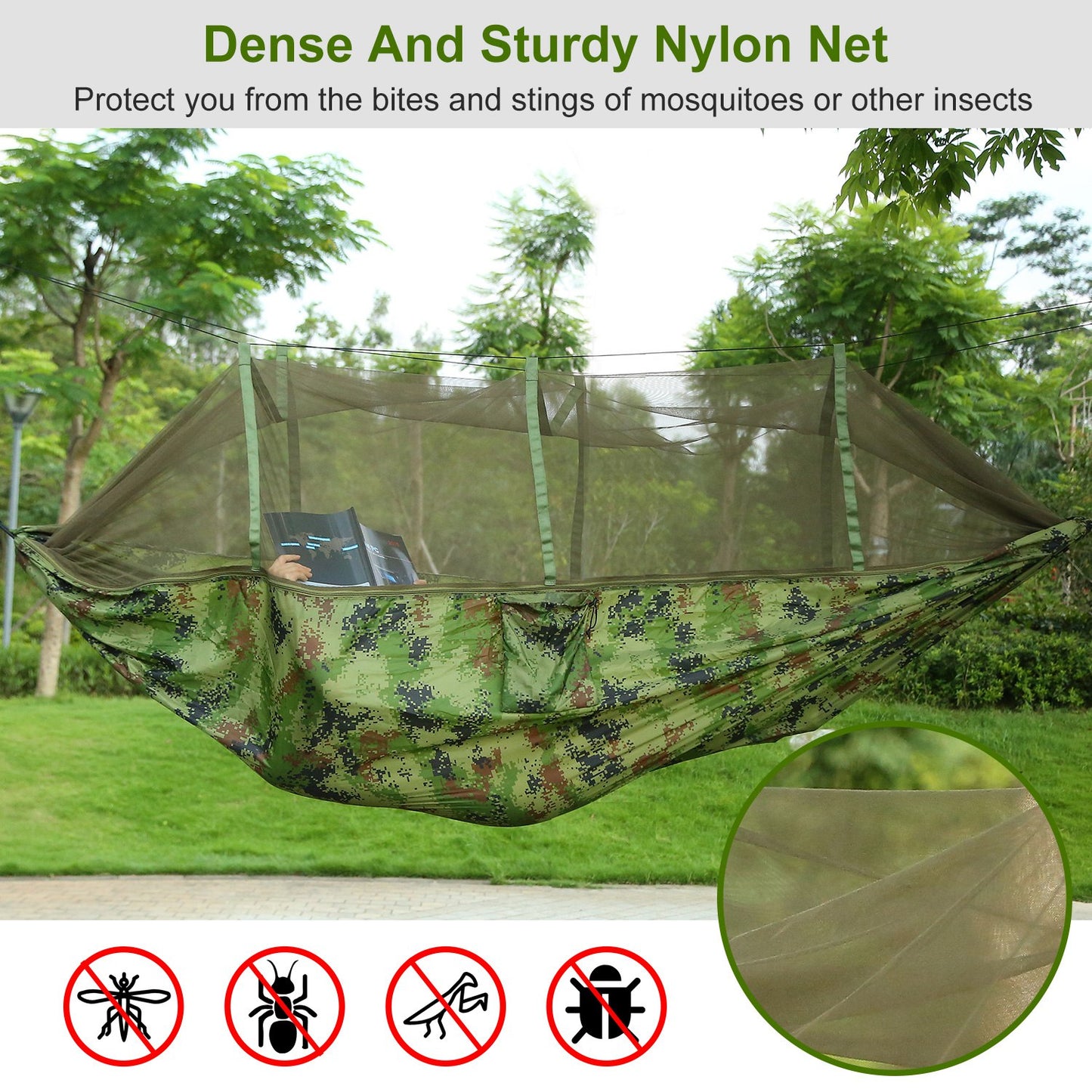 1Pc 600lbs Load 2 Persons Hammock With Mosquito Net Outdoor Hiking Camping Hommock Portable Nylon Swing Hanging Bed With Strap Hook Carry Bag