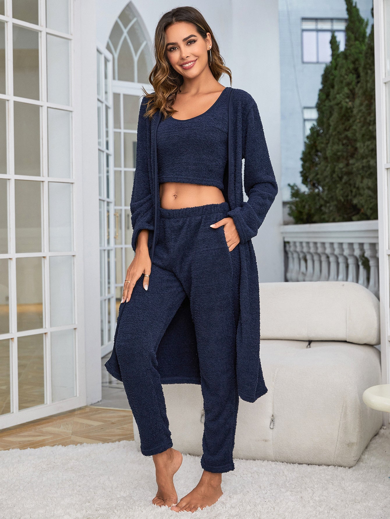 Women's Fuzzy 3 Piece Sweatsuit Open Front Cardigan Crop Tank Tops Wide Legs Pants Lounge Sets
