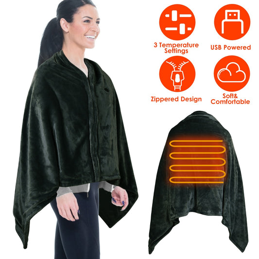 1Pc  59x31in USB Heated Blanket Electric Heated Blanket Heated Poncho Shawl Wrap Throw With Zipper Washable For Home Office