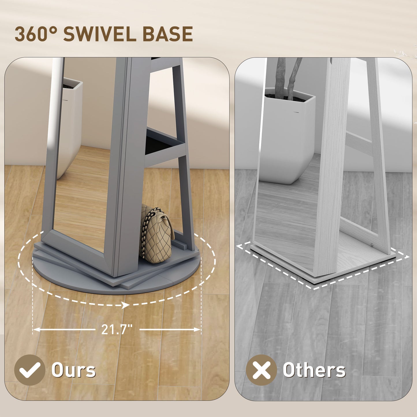 360° Swivel Jewelry Armoire, Lockable Jewelry Cabinet with Full-Length Mirror, Storage Shelves, Gray