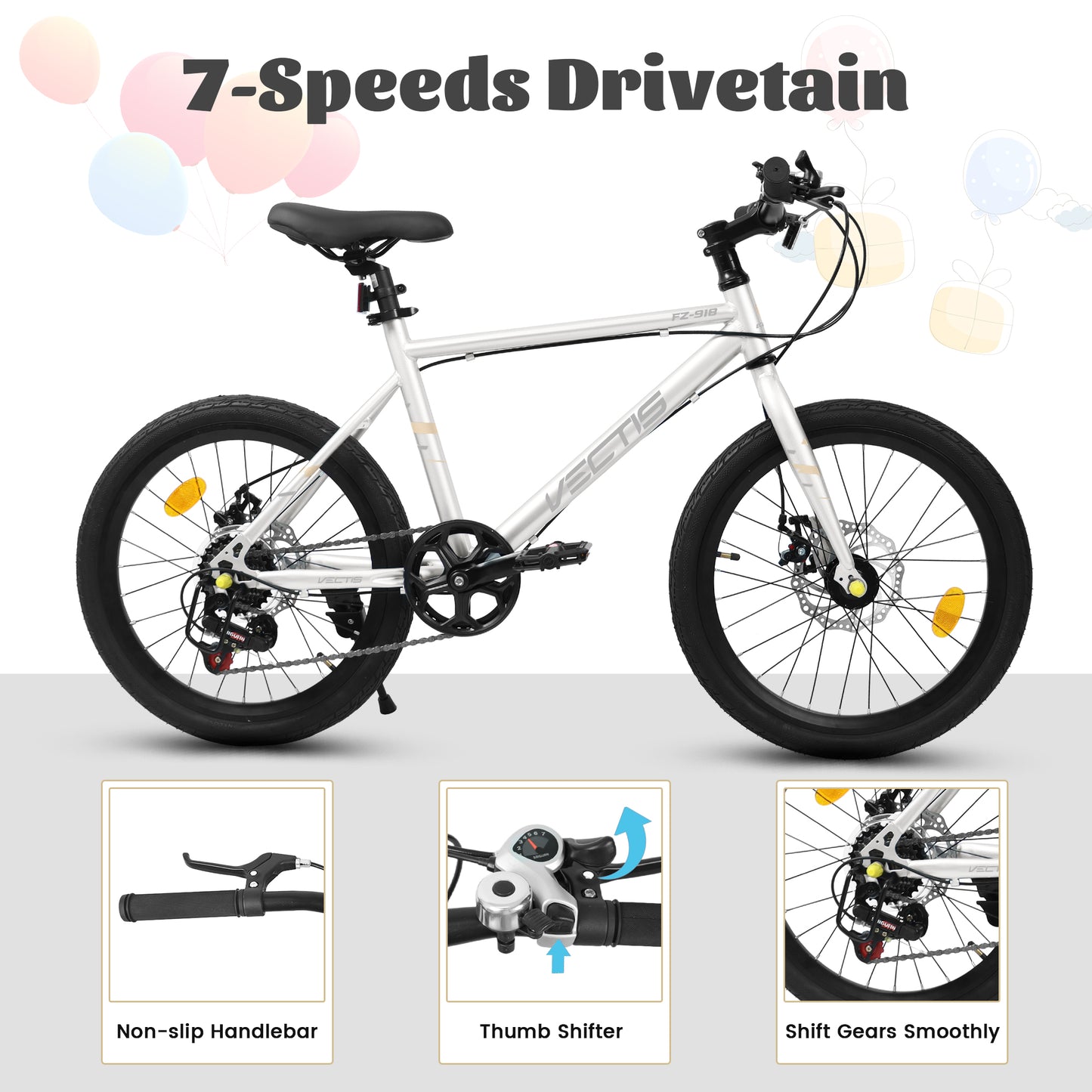 20 Inch Children's Bicycle For Boys Girls, 7-Speed Steel Frame, , Dual Disc Brakes, 20x1.75 Inch Tires Road Bike, 4 Color Options