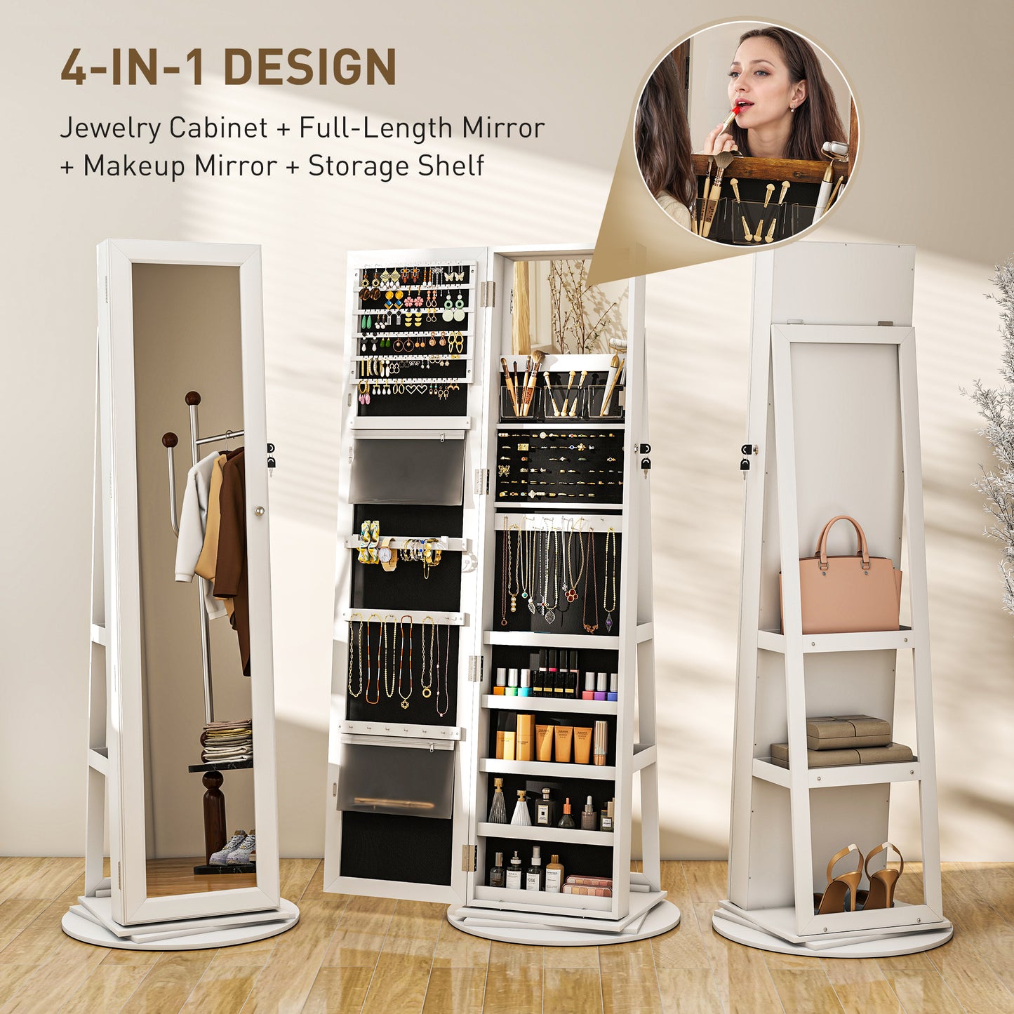 Jewelry Armoire, Lockable Jewelry Cabinet With Full-Length Mirror, Storage Shelves, White