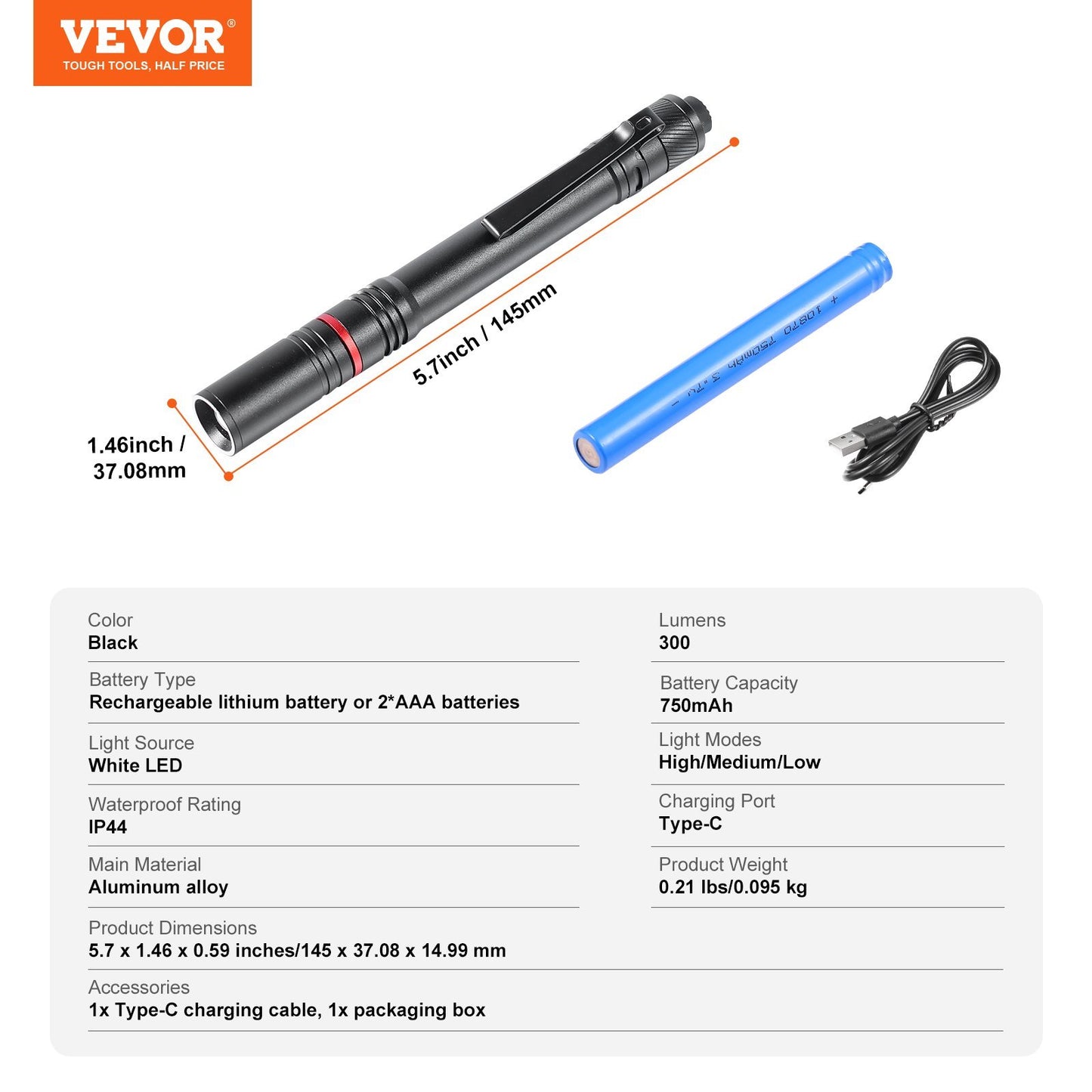 VEVOR 5.9 Inch Rechargeable Penlight 300 Lumens 3 Lighting Modes Pocket Penlight