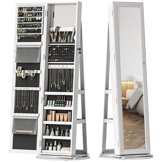 Jewelry Armoire, Lockable Jewelry Cabinet With Full-Length Mirror, Storage Shelves, White