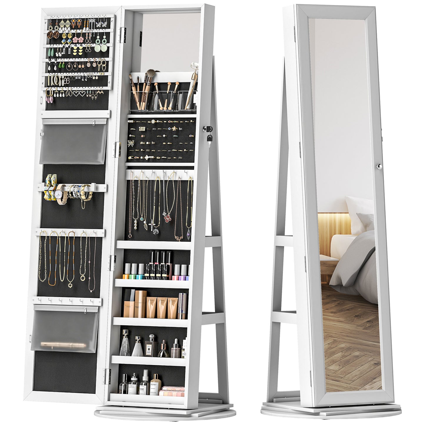 Jewelry Armoire, Lockable Jewelry Cabinet With Full-Length Mirror, Storage Shelves, White