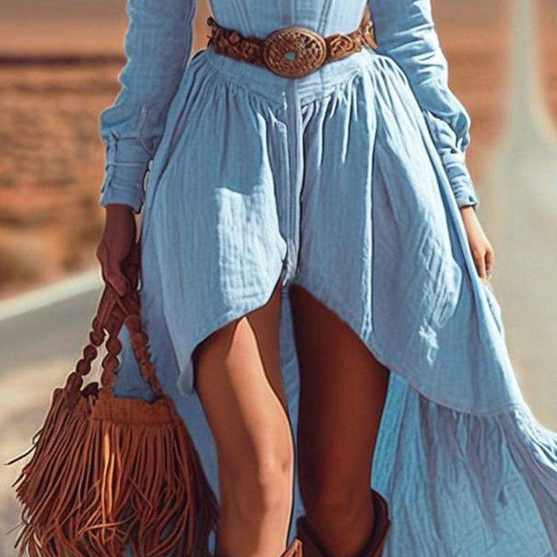 Women's Western Style Square Neck Maxi Dress Solid Color Long Sleeve Dress With Asymmetrical Hem For Spring Summer