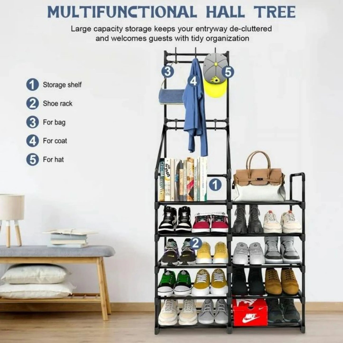 5-Tier Shoe Rack Shoe Storage Organizer, Freestanding Coat And Shoe Rack, 25-30 Pairs Shoe Shelf For Entryway Closet