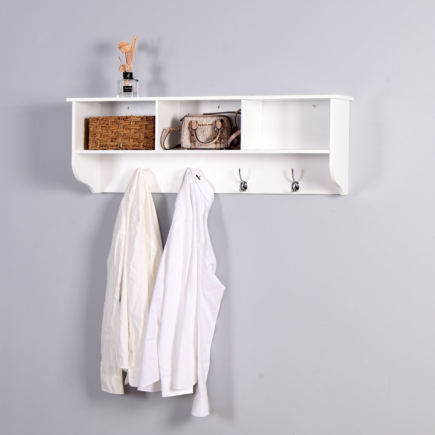 White Entryway Coat Rack With 4 Hooks & Wooden Storage Shelf For Living Room