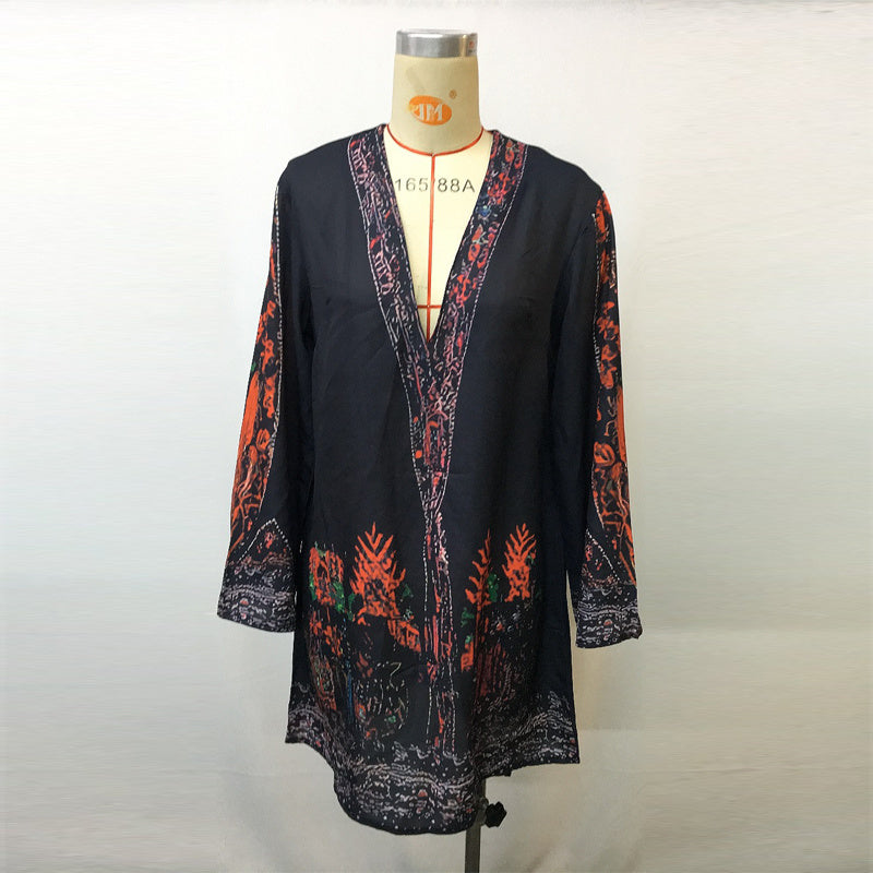 Women's Long Sleeved V-Neck Short Dress, Western Retro Floral Print Smock Dress For Spring & Summer