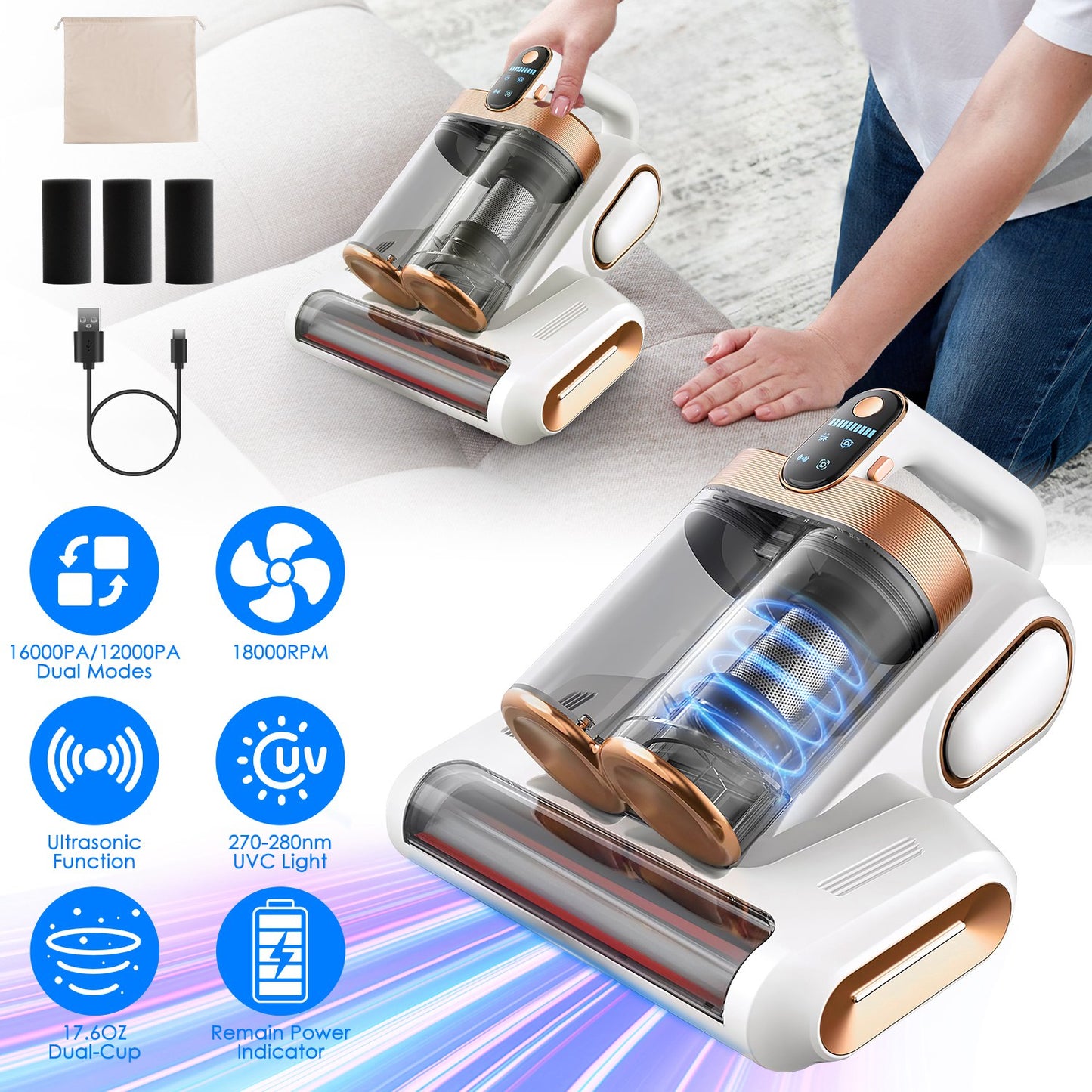 1Pc Mattress Vacuum Cleaner 16Kpa Bed Vacuum Cleaner Handheld Vacuums With Ultrasonic And UVC Light 18000 RPM Brushroll Rotation Dual Dust Bins Washable Filters For Bed Pillows Cribs Sofa
