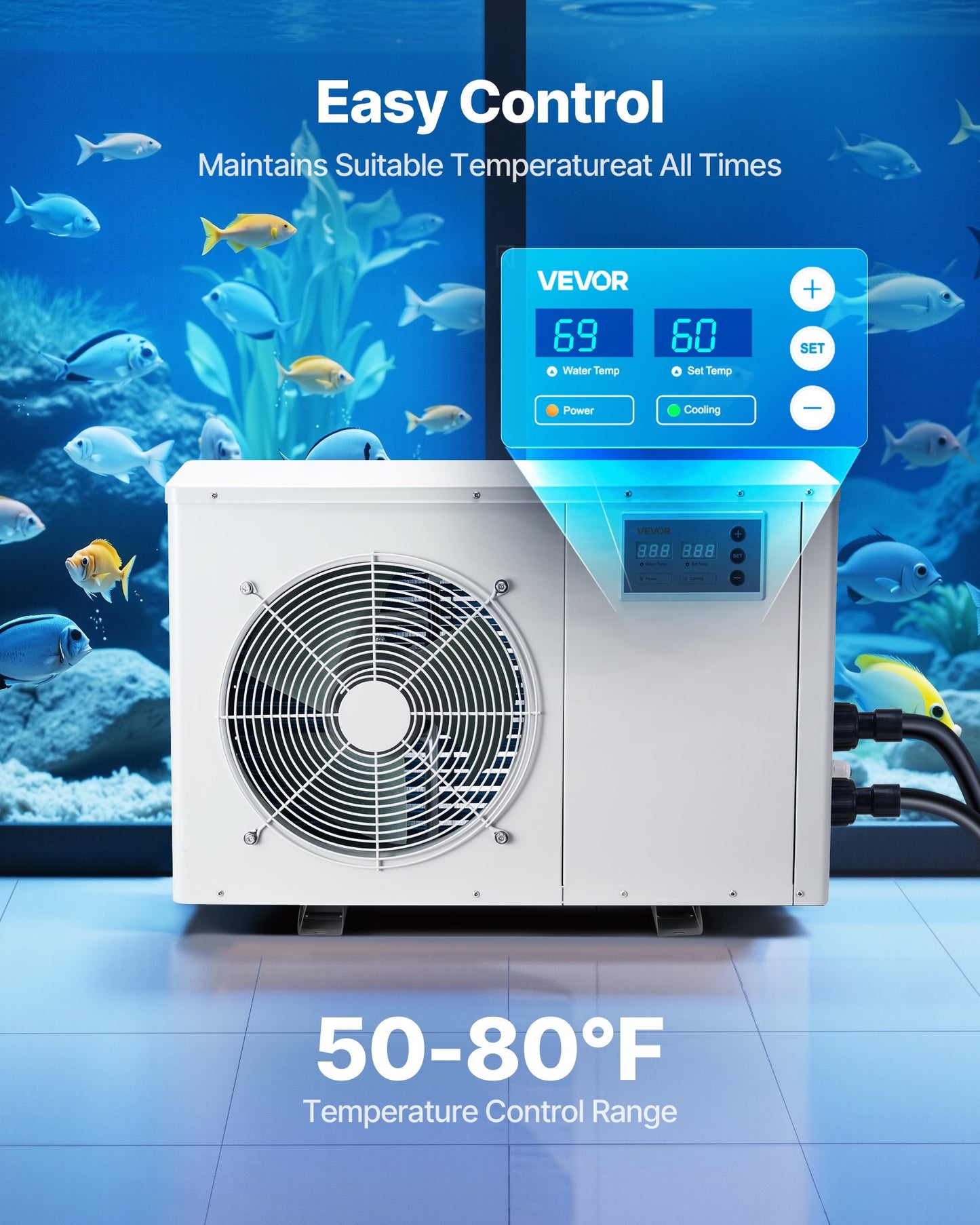 Aquarium Chiller 150 Gallon, 1/2 HP Water Chiller For Hydroponics, Fast Cooling For Fish Tank,Axolotl,Coral Reef,Quiet Refrigeration Compressor, Titanium Evaporator,Complete Fittings