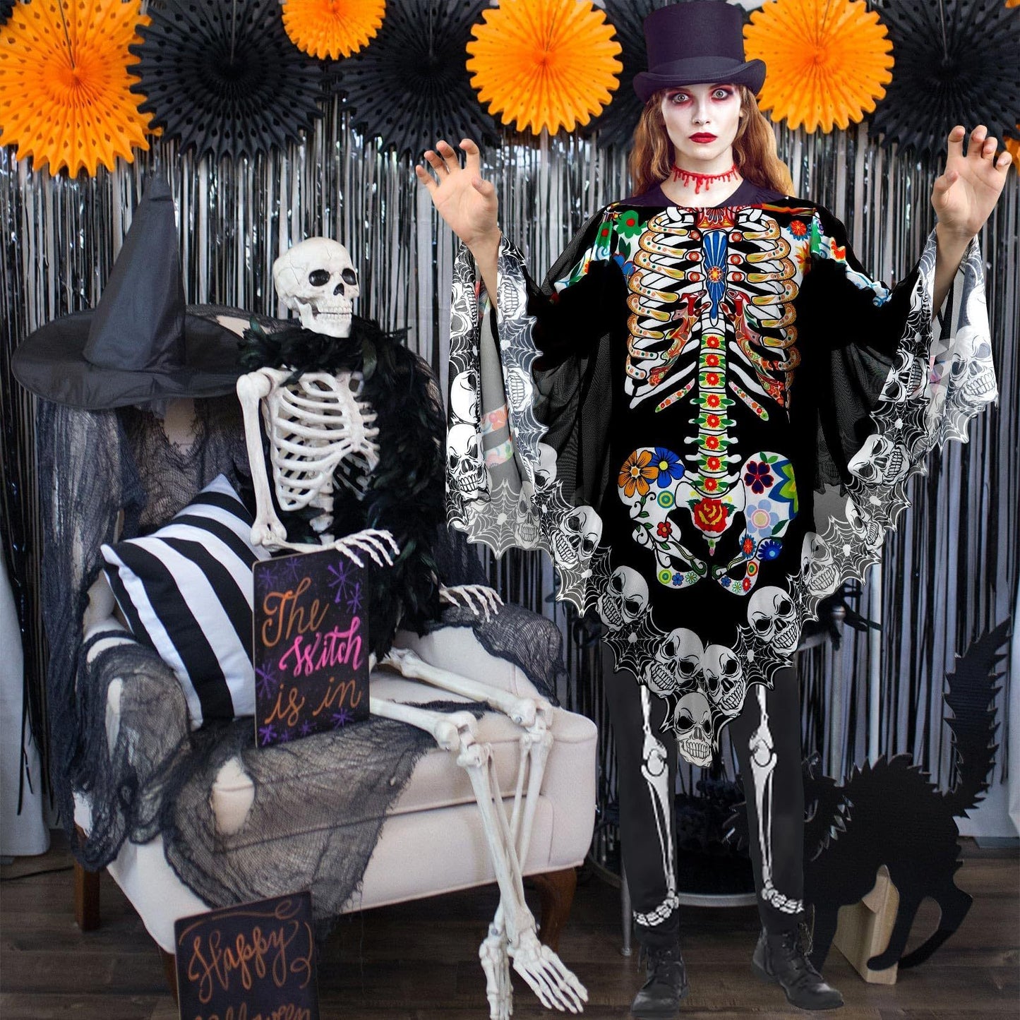 Halloween Skeleton Poncho, Lace Skeleton Halloween Costume Poncho Day Of The Dead Colorful Poncho For Women, 59 Inchx59 Inch