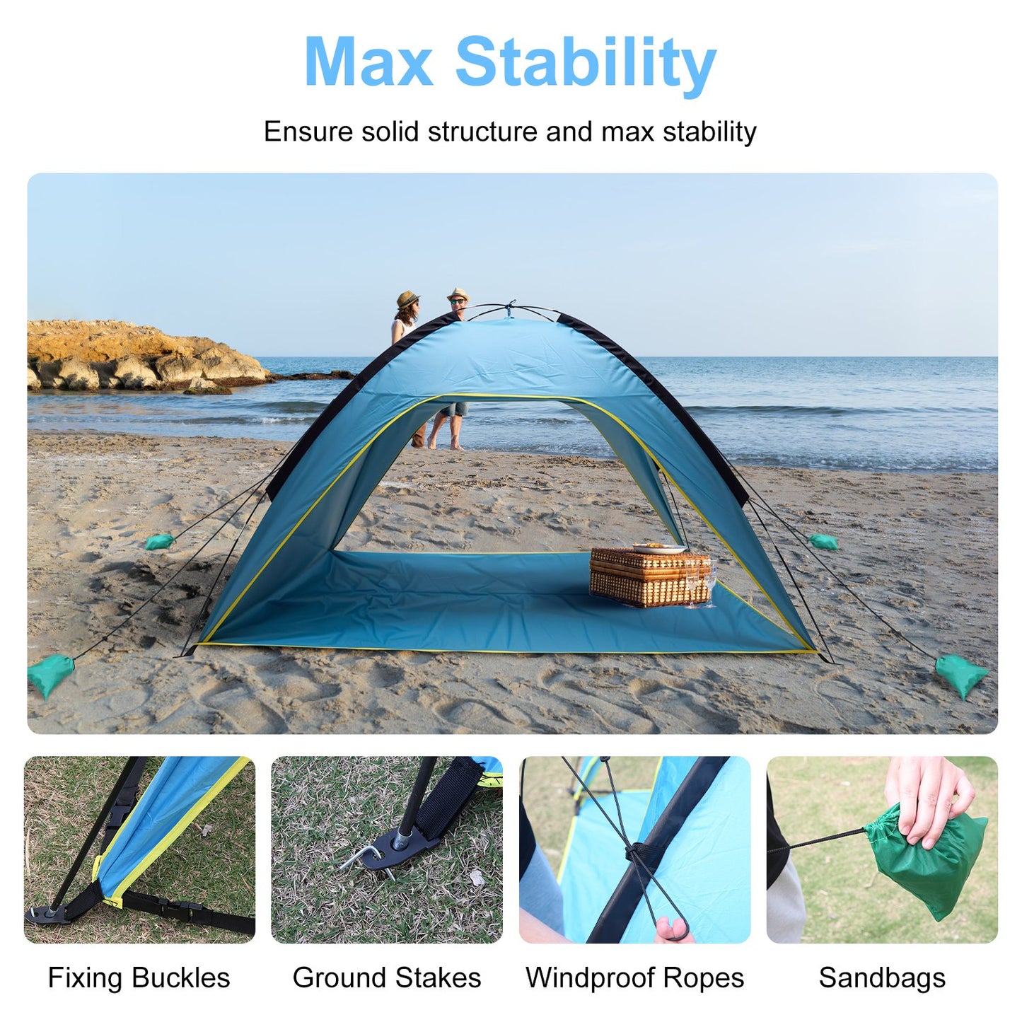 1Pc 4-6 Person Beach Tent Canopy  With 3 Door Openings Carry Bag UPF50 Waterproof  For Beach Picnic Camping Hiking Adventure Fishing