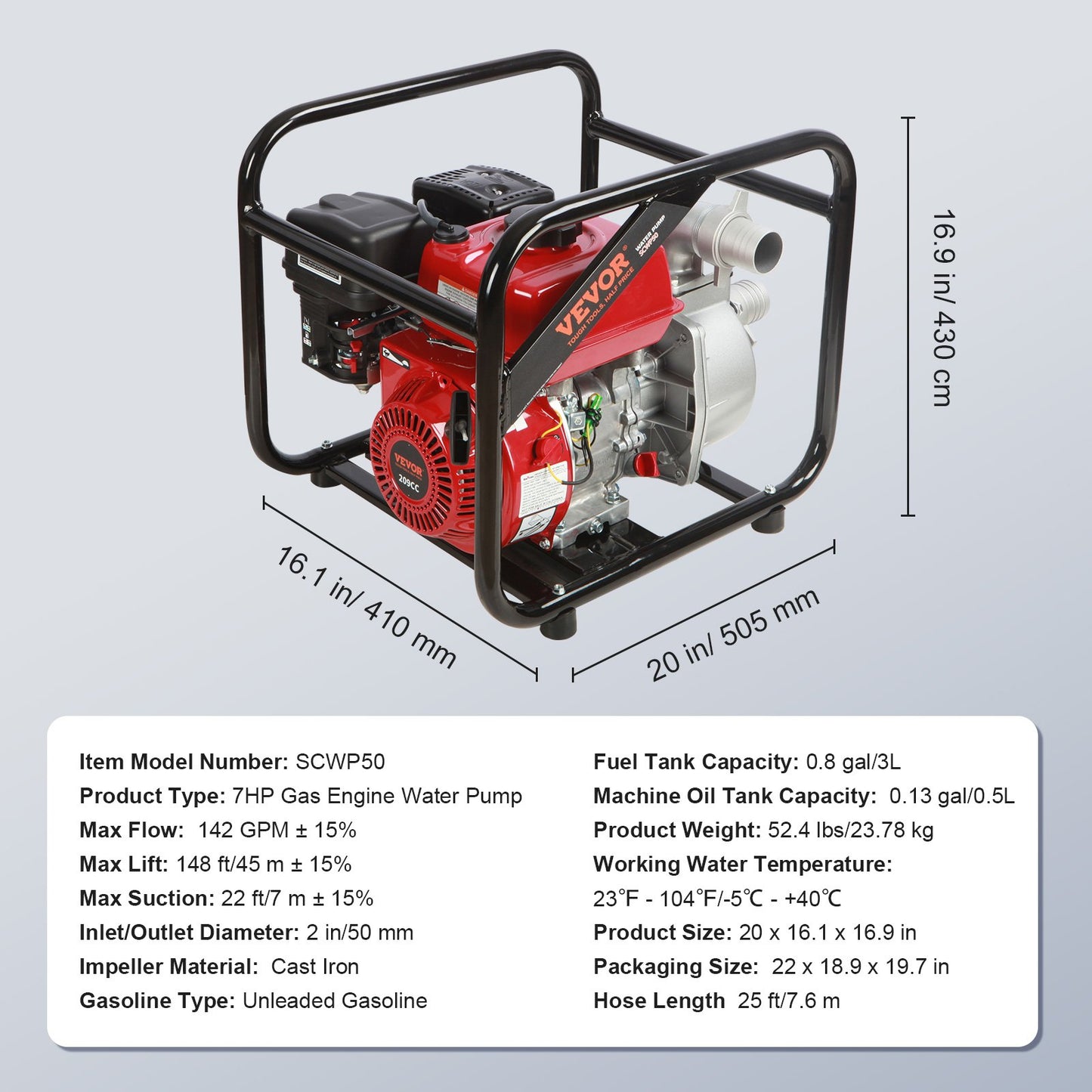 Gasoline Engine Water  2-inch, 7HP 142 GPM, 148ft Lift, 22ft Suction, 4-Stroke Gas Powered Trash Water Transfer  Portable High Pressure With 25ft Hose For Irrigation Pool, EPA Certified