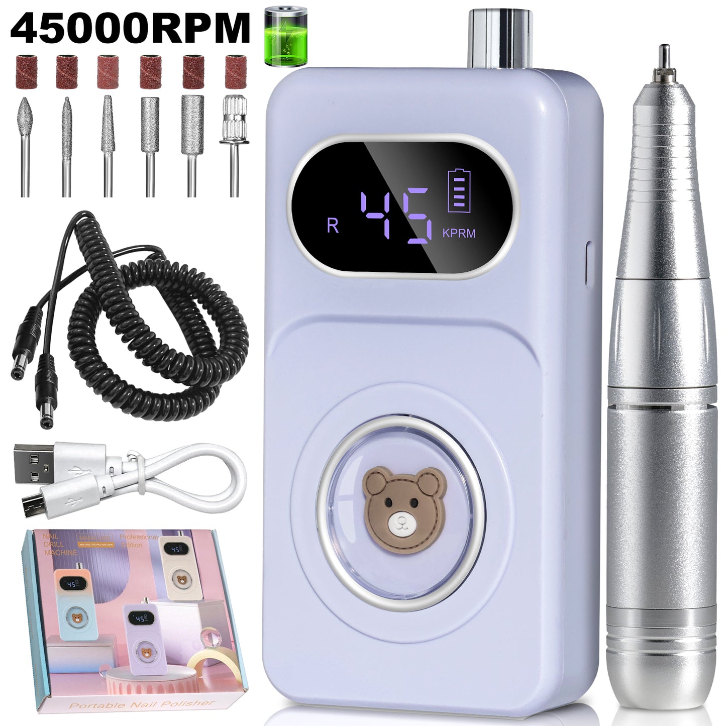 Professional 45000RPM Portable Electric Nail Drill Kit, Rechargeable Nail Electronic File Machine, Electric Nail Polishing Machine With Drill Head And Base, Nail Drill For Acrylic Nails, Nail Gel, Fem
