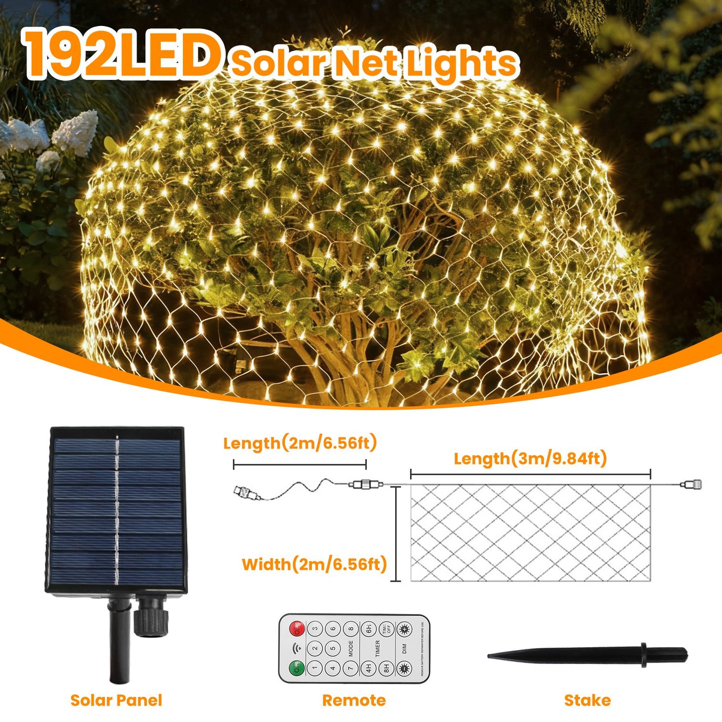 9.84x6.56FT 192LED Solar Christmas Net Lights Outdoor Bush Lights Dimmable IP44 Waterproof With 8 Modes Remote Timer Memory Function For Holiday Party Wedding Patio Garden