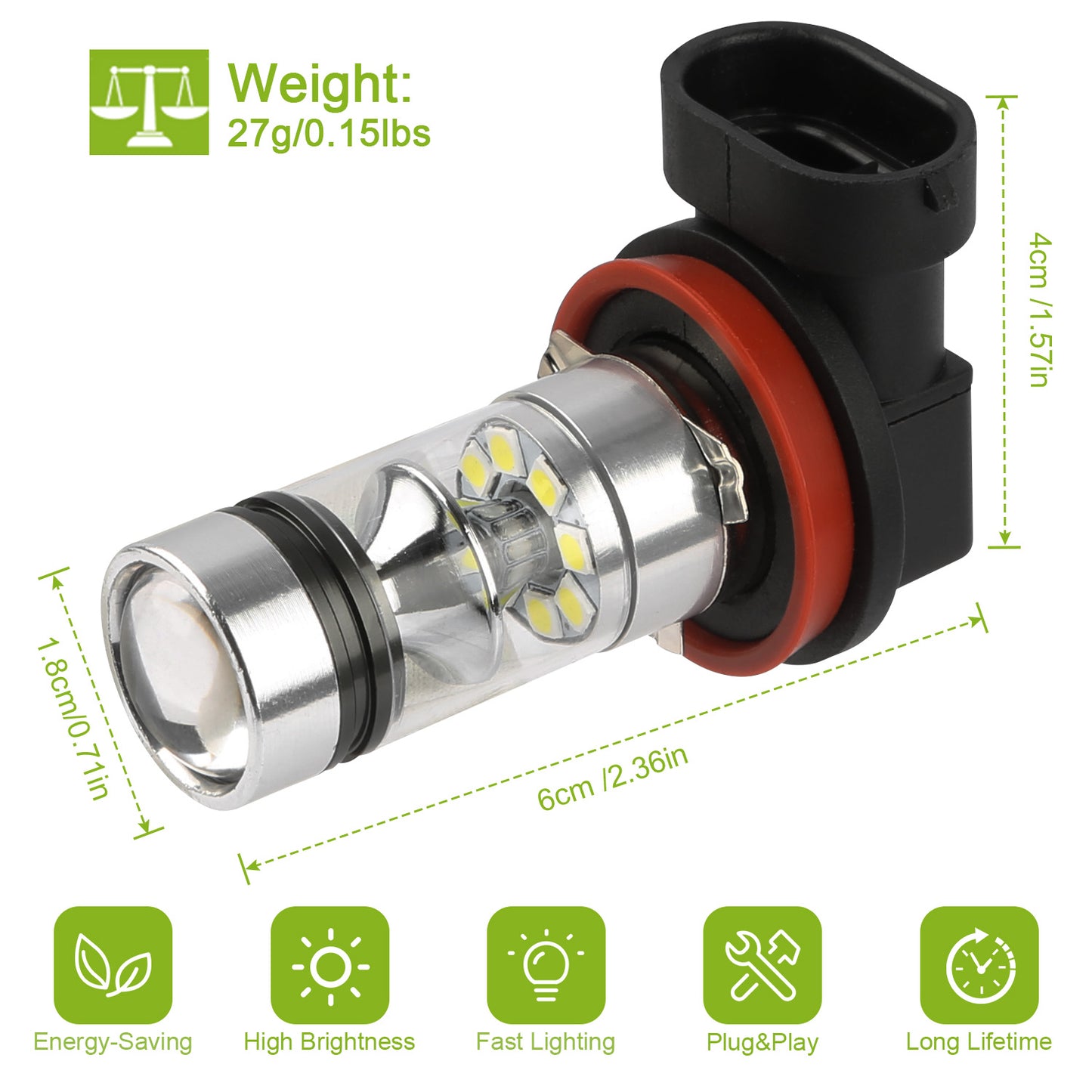 2PCS H8-H9-H11 LED Fog DRL Light Bulb IP65 Water-Resistant 360 Degree Beam Angle 6000K White