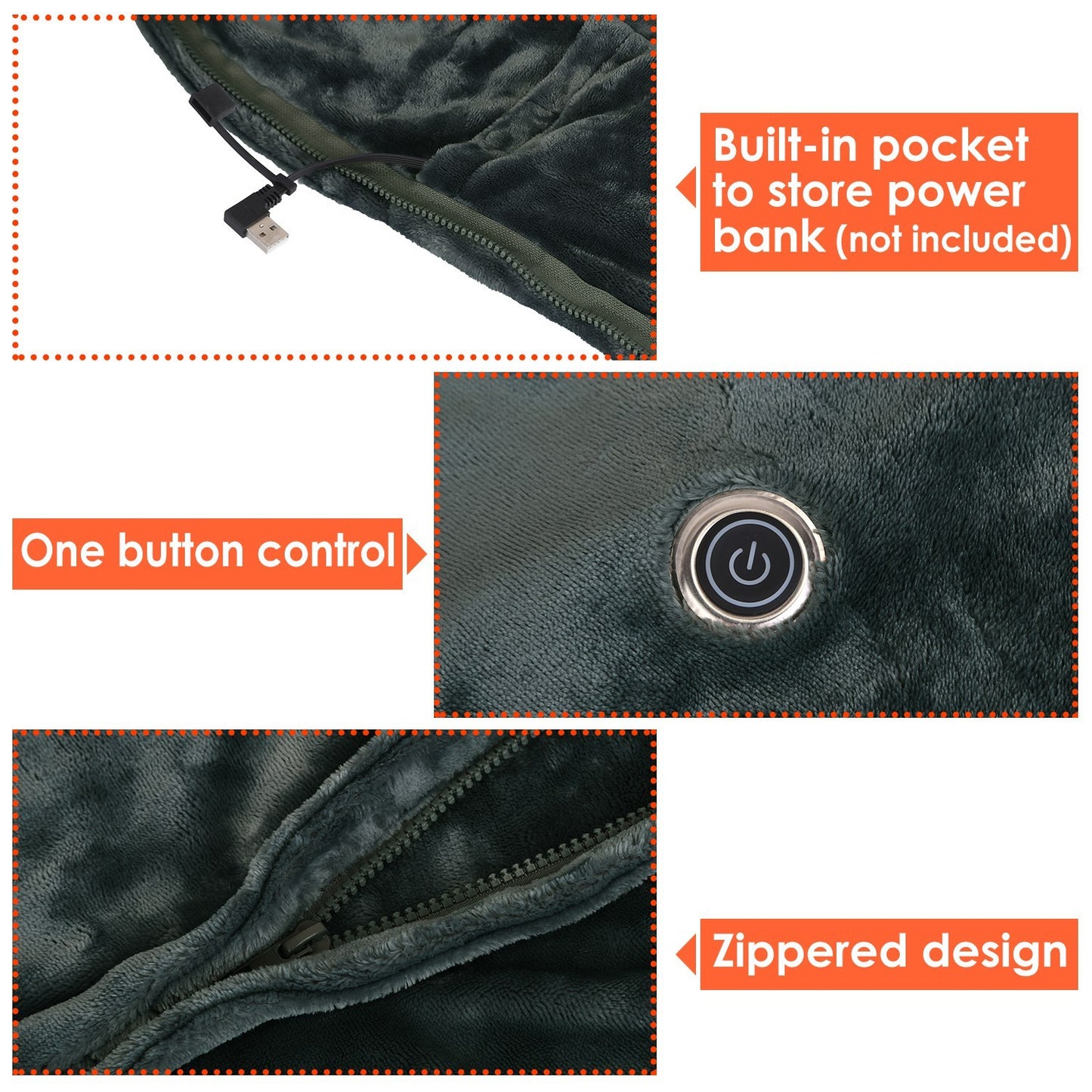 1Pc  59x31in USB Heated Blanket Electric Heated Blanket Heated Poncho Shawl Wrap Throw With Zipper Washable For Home Office