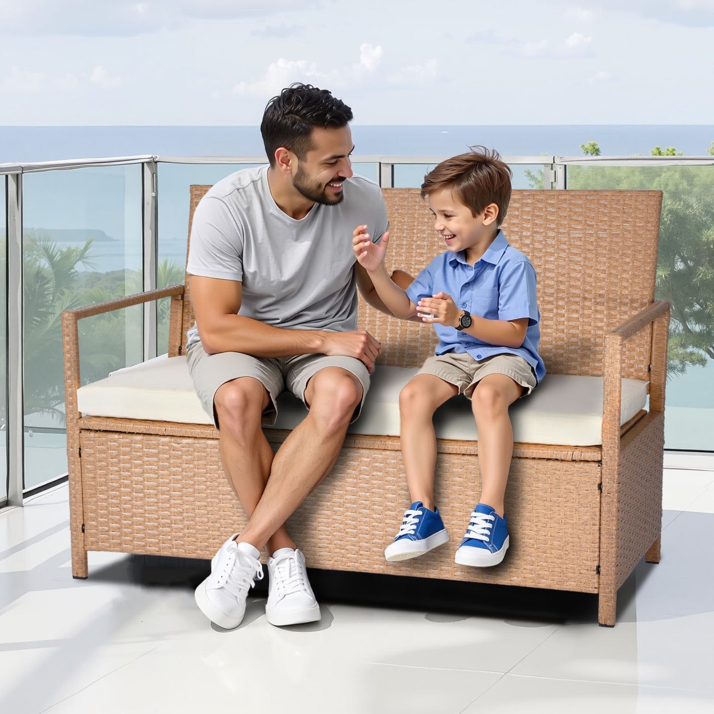 Outdoor Storage Bench PE Rattan 70Gal Deck Box Waterproof Outdoor Seat & Storage