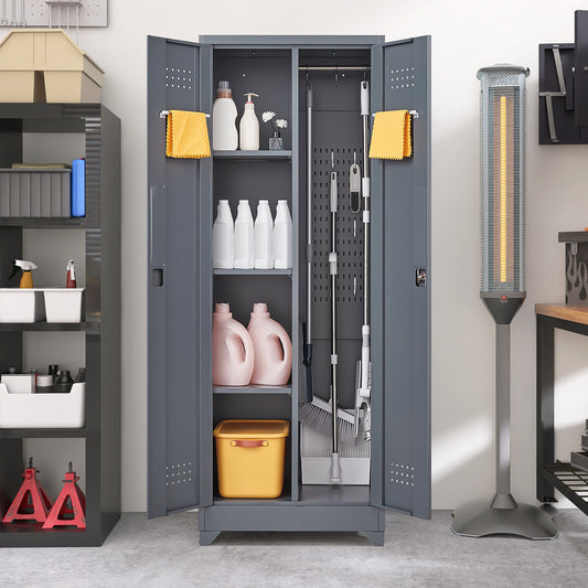 Broom Storage Cabinet With Locking Doors And Shelves, 65  H Metal Storage Cabinet With Hanging Rod & S-Hooks, Cleaning Tool Storage Cabinet Grey