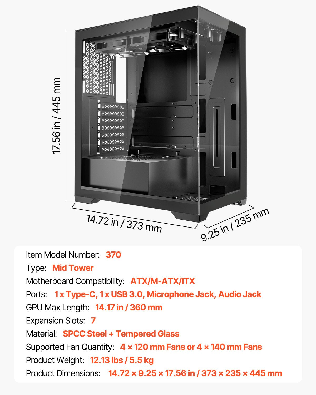 PC Gaming Case Mid-Tower Computer Case With 2 X 120 Mm Fans For ATX Motherboard