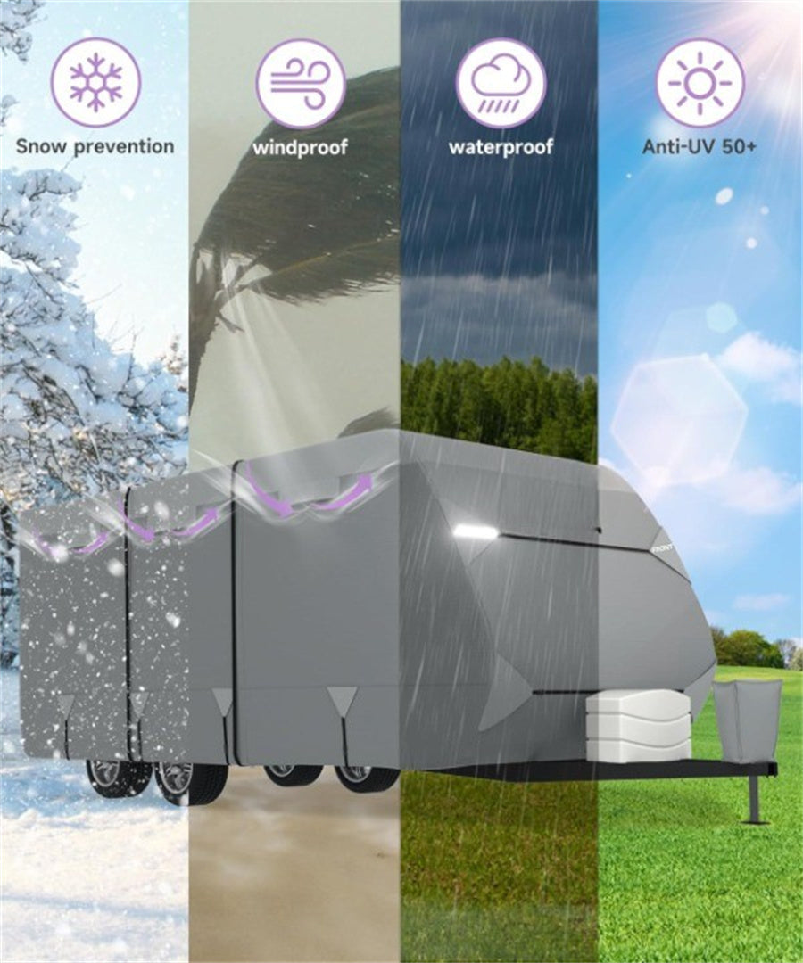 RV Cover, Upgraded 7 Layers Top Travel Trailer Cover, Waterproof Camper Cover For Toy Hauler With Tongue Jack Cover, Gutter Covers