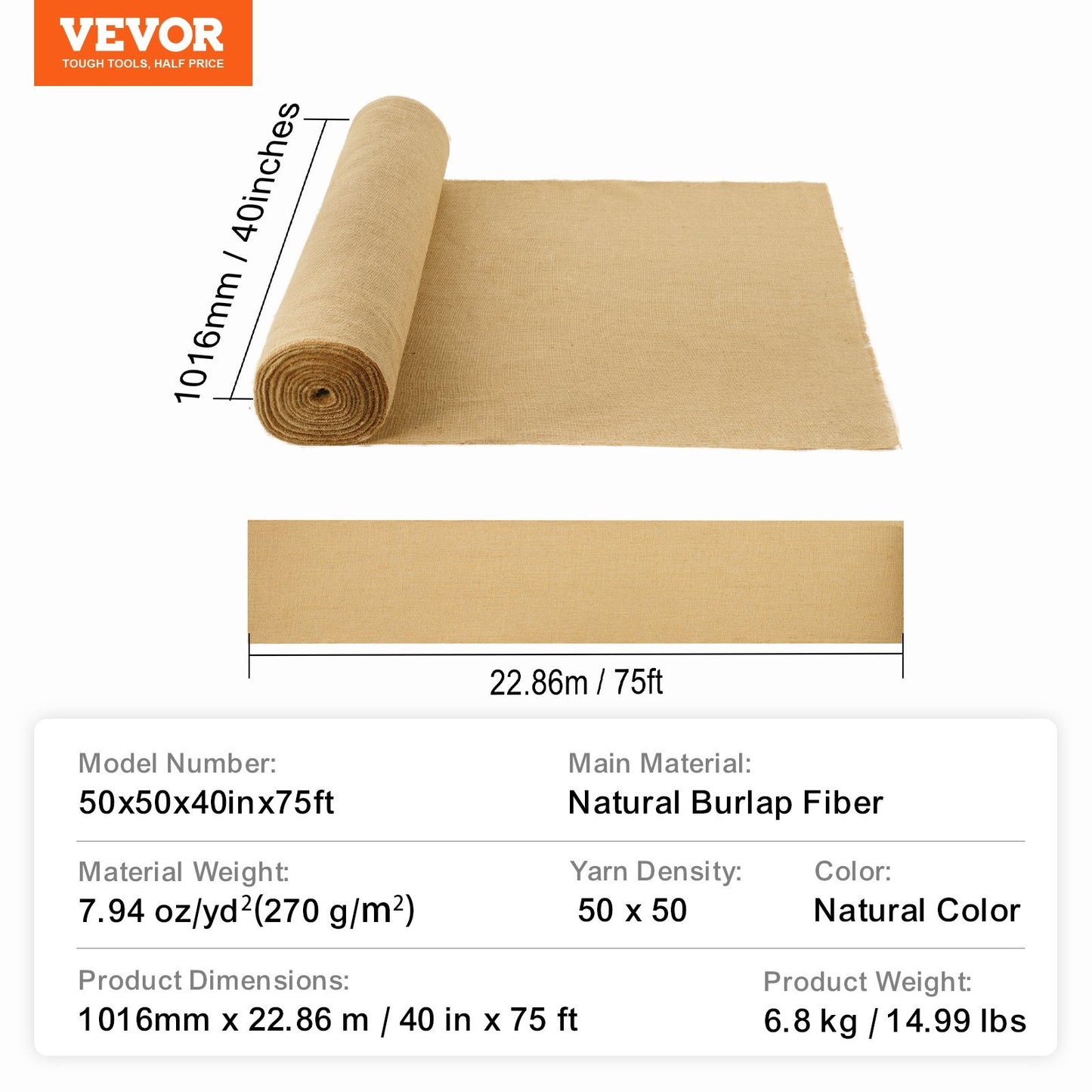 VEVOR Burlap Fabric Roll Burlap Tree Wrap 40 In X 75 Ft For Crafts & Plants