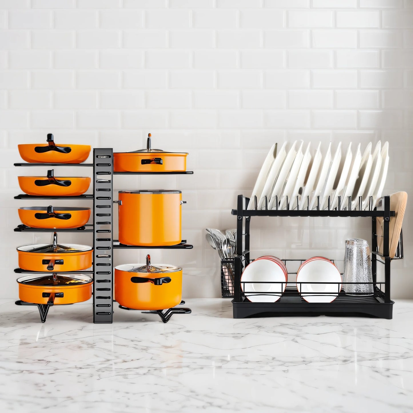 Upgraded 2 Piece Cookware Set Organizer Rack And Dish Drying Rack 8 Tier Pot And Pan Organizer For Kitchen Counter