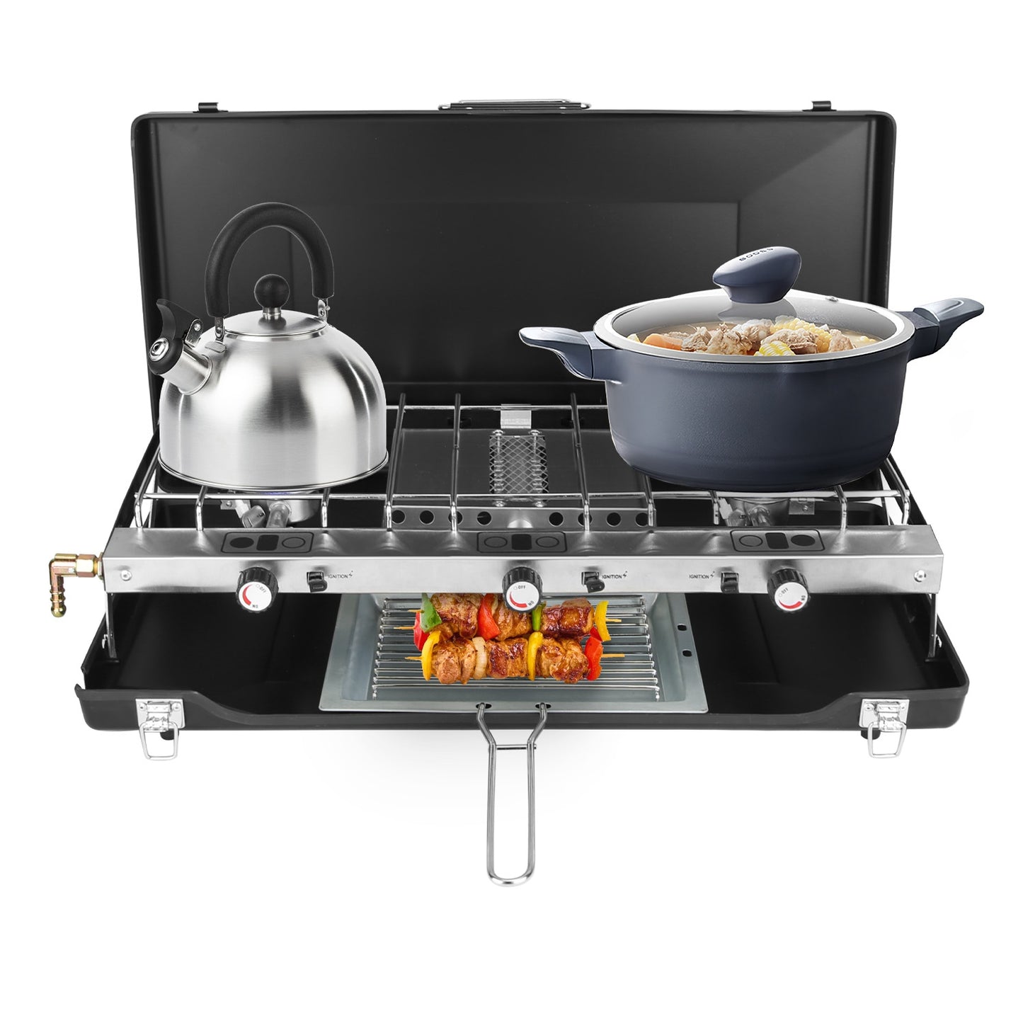 3 Burner Camping Stove 20000 BTU Portable Foldable Propane Stove With Toast Tray Windshield Portable Handle Outdoor Cooking Gas Stove For RV Camping BBQ Picnic
