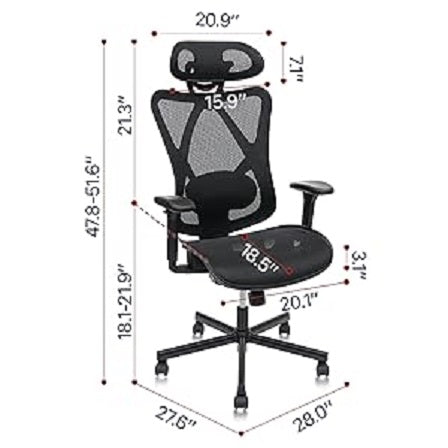 Mesh Office Chair, Ergonomic Office Chairs With Wheels, Adjustable Lumbar Support, Armrest,Headrest-Tilt High Back Desk Chair With Mute Wheel For Office, Home, Gaming
