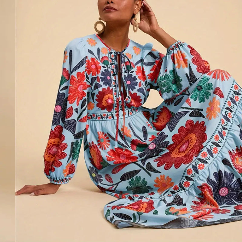 Women's Bohemian Floral Print Dress Cuff Long Sleeve Round Neck Maxi Dress For Spring&Fall