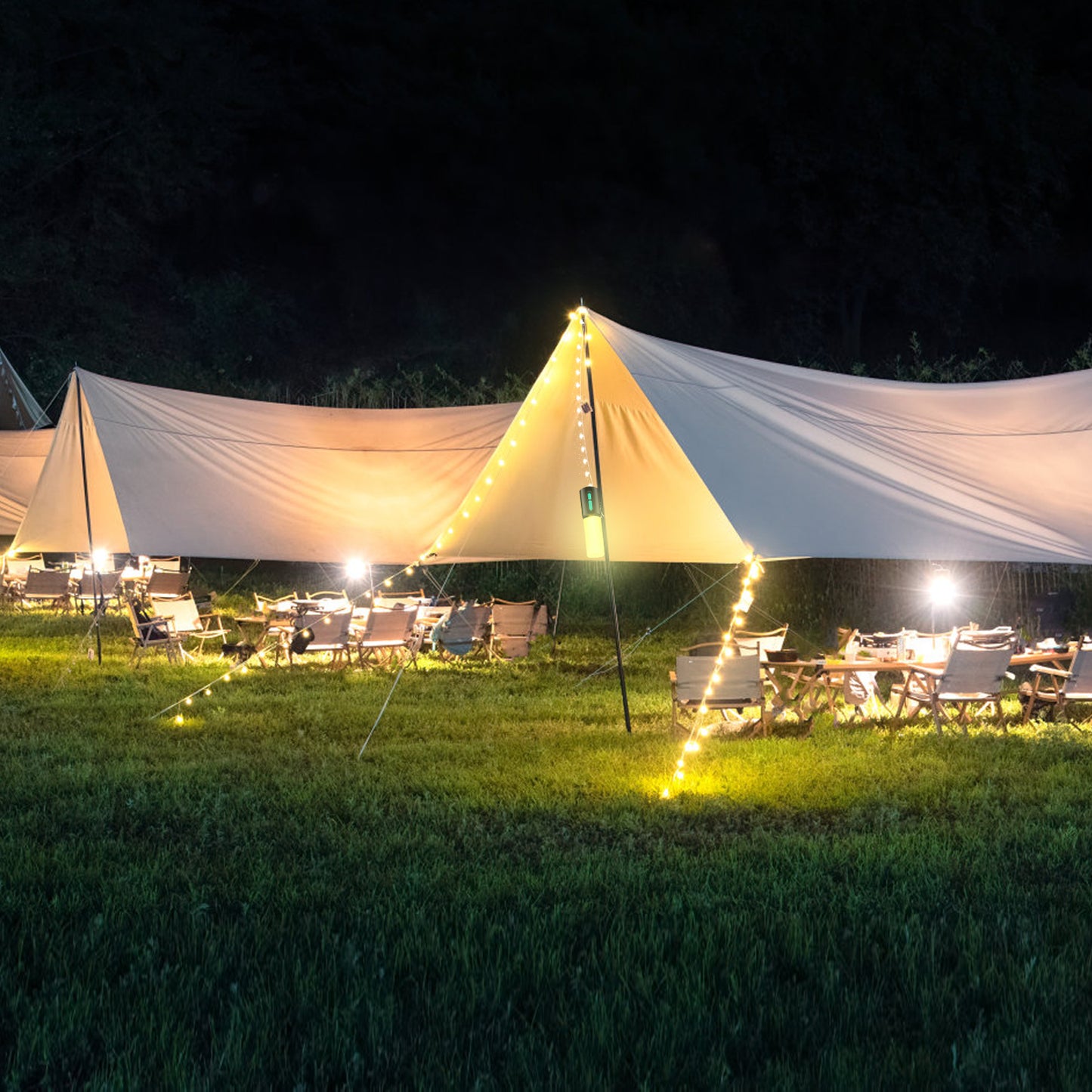 1Pc 4 In 1 Rechargeable Camping String Light IP44 Waterproof Camping Lantern With 33Ft String Light 7 Light Modes Emergency Power Bank Carry Bag For Indoor Outdoor Wedding Party