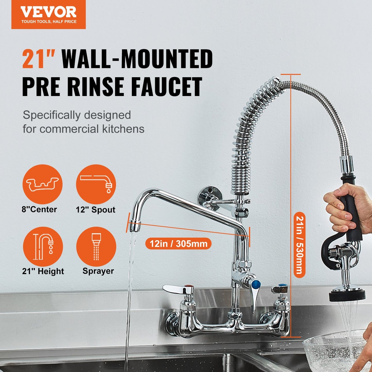 Commercial Faucet With Pre-Rinse Sprayer, 21' Height, 8' Center, 12' Swing Spout, Wall Mount Kitchen Sink Faucet, Brass Constructed Device With Pull Down Spray, For 1/2/3 Compartment Sink