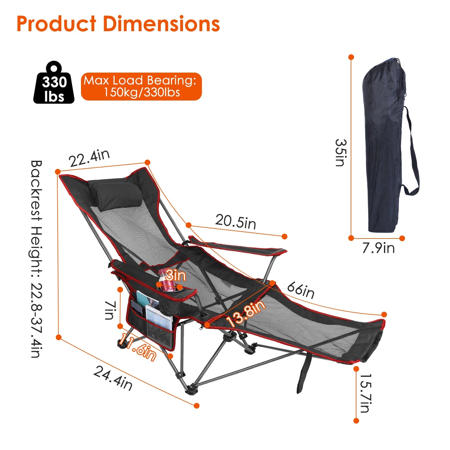 1Pc Foldable Camping Chair 330LBS Load Heavy Duty Steel Lawn Chair Collapsible Chair With Reclining Backrest Angle Cup Holder Pillow Side Pocket Carry Bag