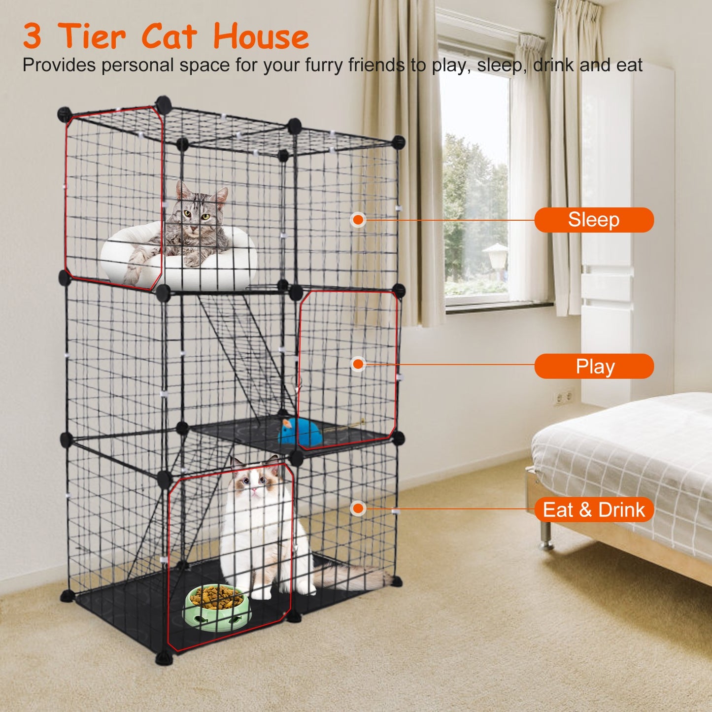 3 Tier Cat Playpen Cage Metal Indoor Cat House Detachable Kitten House With 3 Doors 2 Ladders Large Cat Exercise Place For 1-2 Cats Black