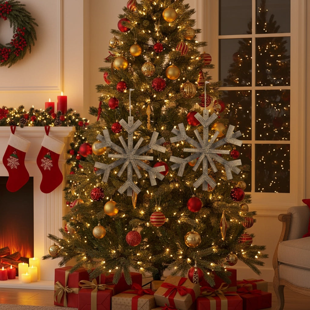 2PCS Set 17.7in Large Wood Christmas Snowflake Ornaments Rustic Tree & Wall Decor Holiday Home Display